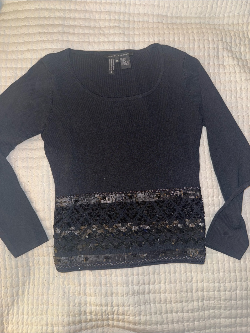 Vintage Michelle Nicole Black Long Sleeve Scoop Neck Top with Sequin Hem